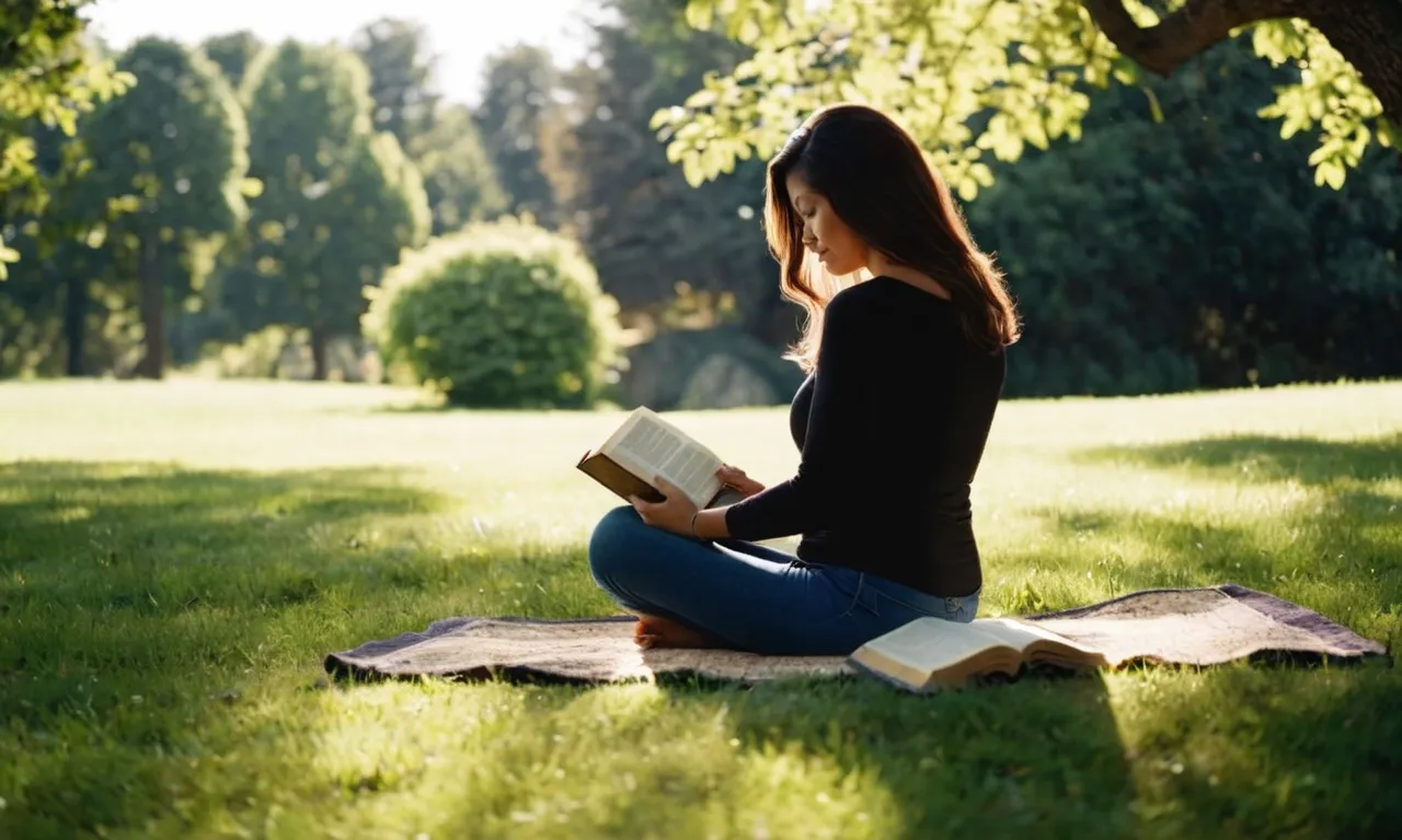 A photo capturing the serene silhouette of a single woman sitting in a peaceful garden, engrossed in reading her Bible, symbolizing strength, independence, and her unwavering faith.