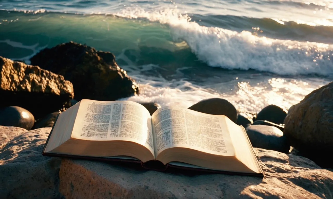 A captivating photo showcasing an open Bible lying on a rocky shoreline, gently illuminated by the setting sun, as crashing waves symbolize the allure and danger of sirens.