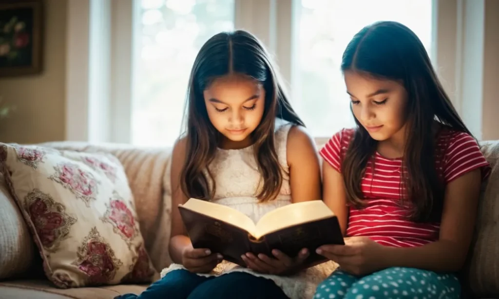 A photo capturing two sisters sitting side by side, engrossed in reading the Bible together, radiating love, support, and a shared bond of faith.