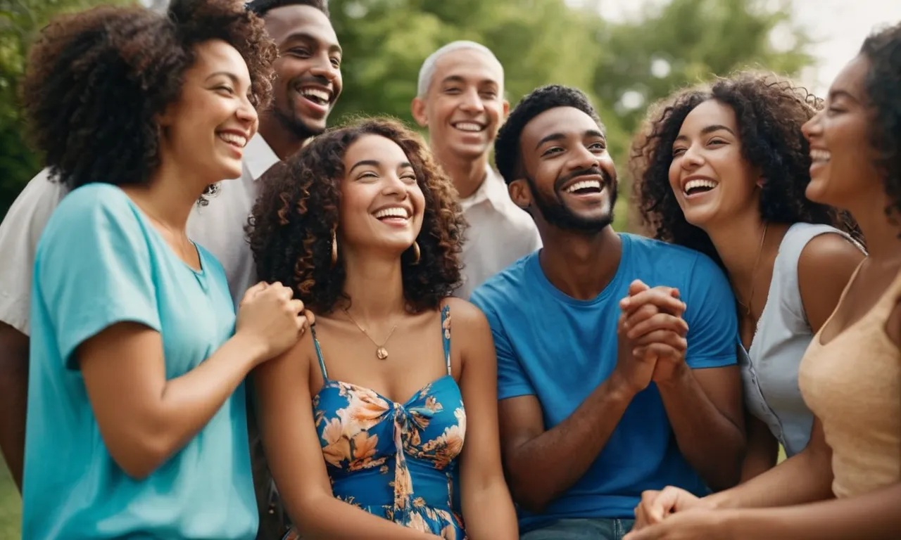 A vibrant photo captures a joyful group of diverse individuals, their faces beaming with smiles, expressing the love, peace, and contentment that the Bible encourages in every believer's life.