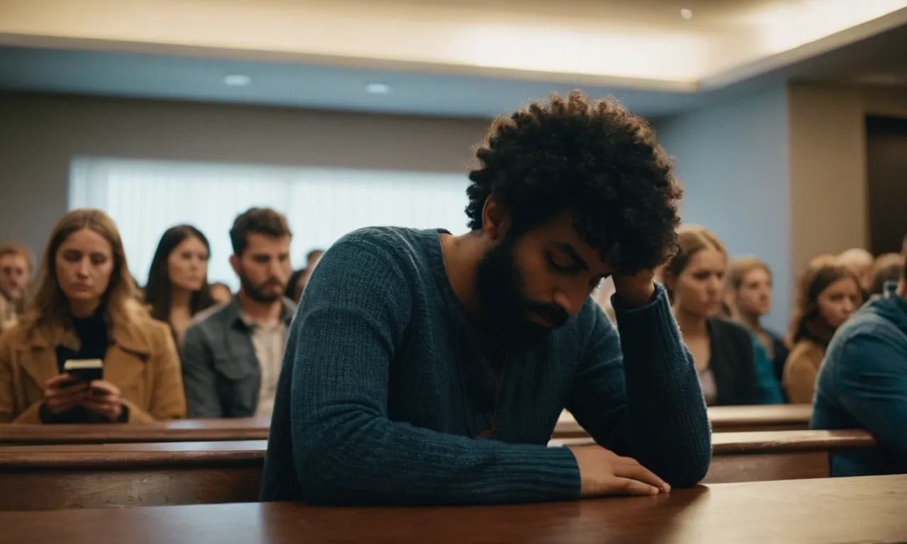 A photo of a person sitting alone in a crowded room, their eyes downcast, capturing the isolating feeling of social anxiety with the presence of a Bible nearby, symbolizing comfort and guidance.
