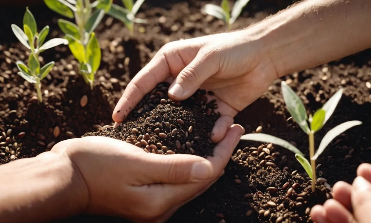 A close-up photograph capturing a pair of hands gently scattering seeds onto fertile soil, symbolizing the biblical concept of sowing seeds and the promise of future growth and abundance.
