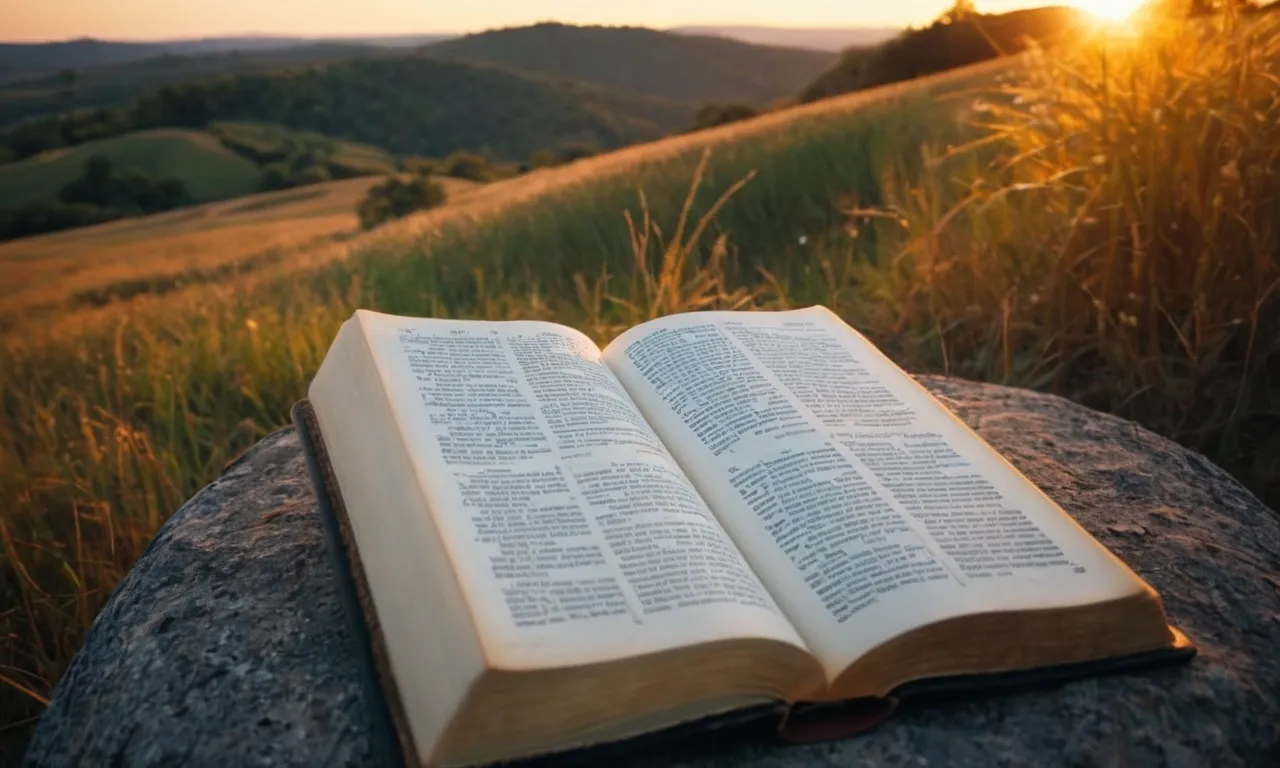 A captivating photo capturing a serene setting at dawn, showcasing an open Bible bathed in soft golden light, inviting one to spend intimate time with God in peaceful contemplation.