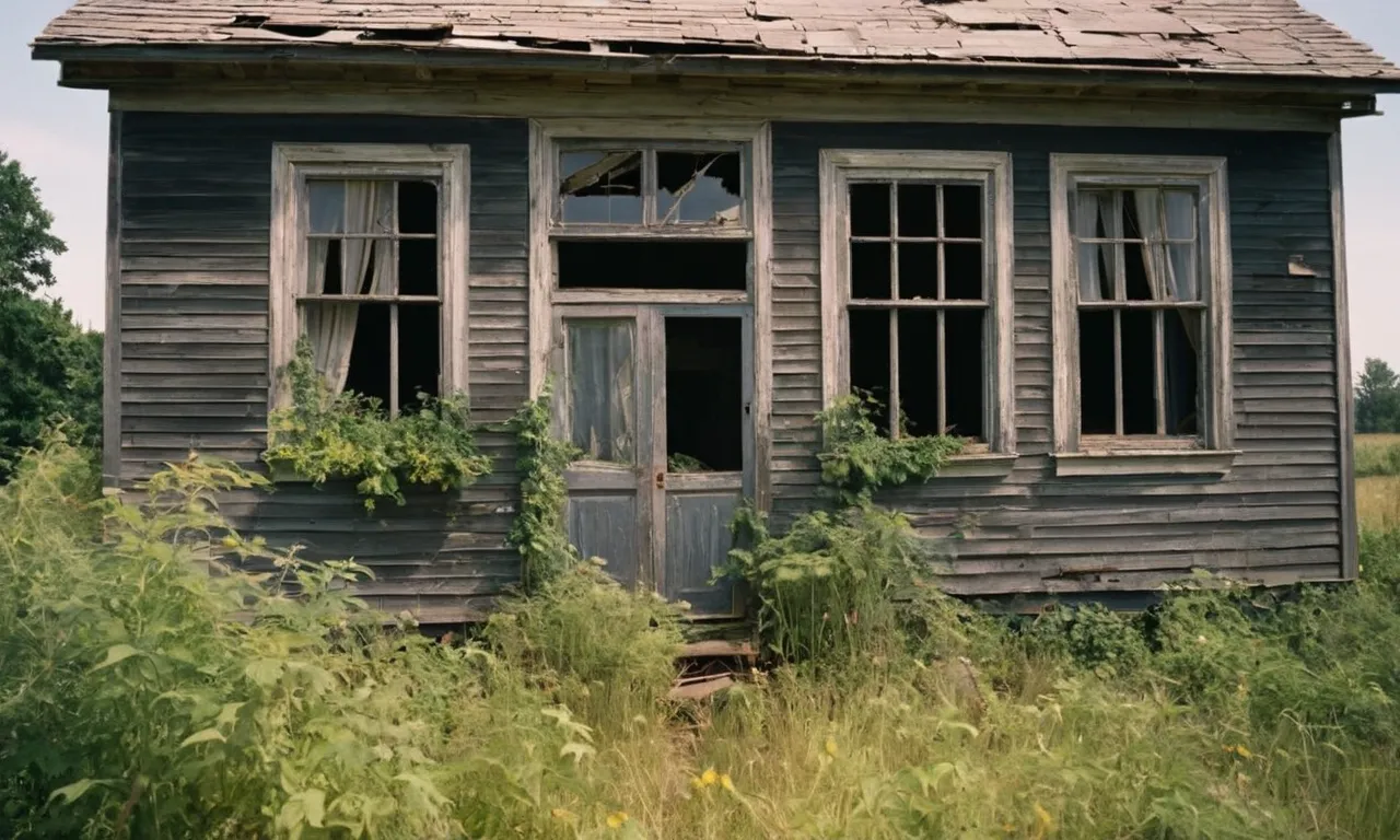 A photo capturing an empty, dilapidated house with broken windows and overgrown weeds, symbolizing the loss and absence of a stolen inheritance as referenced in the Bible.