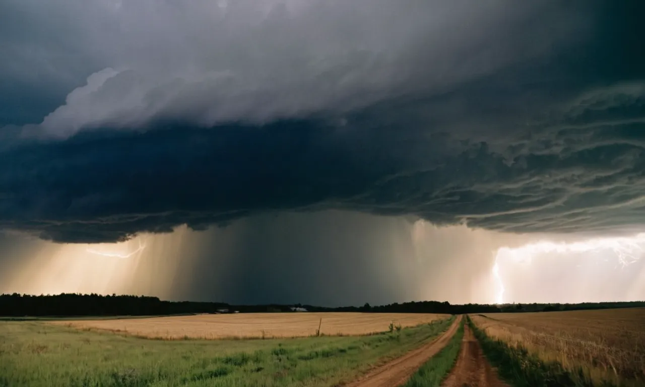 A powerful photo capturing the serene aftermath of a storm, with rays of sunlight breaking through dark clouds, symbolizing the Bible's message of hope and God's ability to calm the fiercest storms.