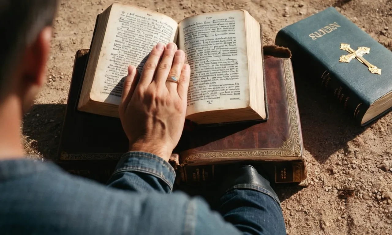 A photograph capturing a person kneeling in prayer, hands raised, with a worn Bible open before them, symbolizing the act of surrendering to God's will and seeking guidance from His word.