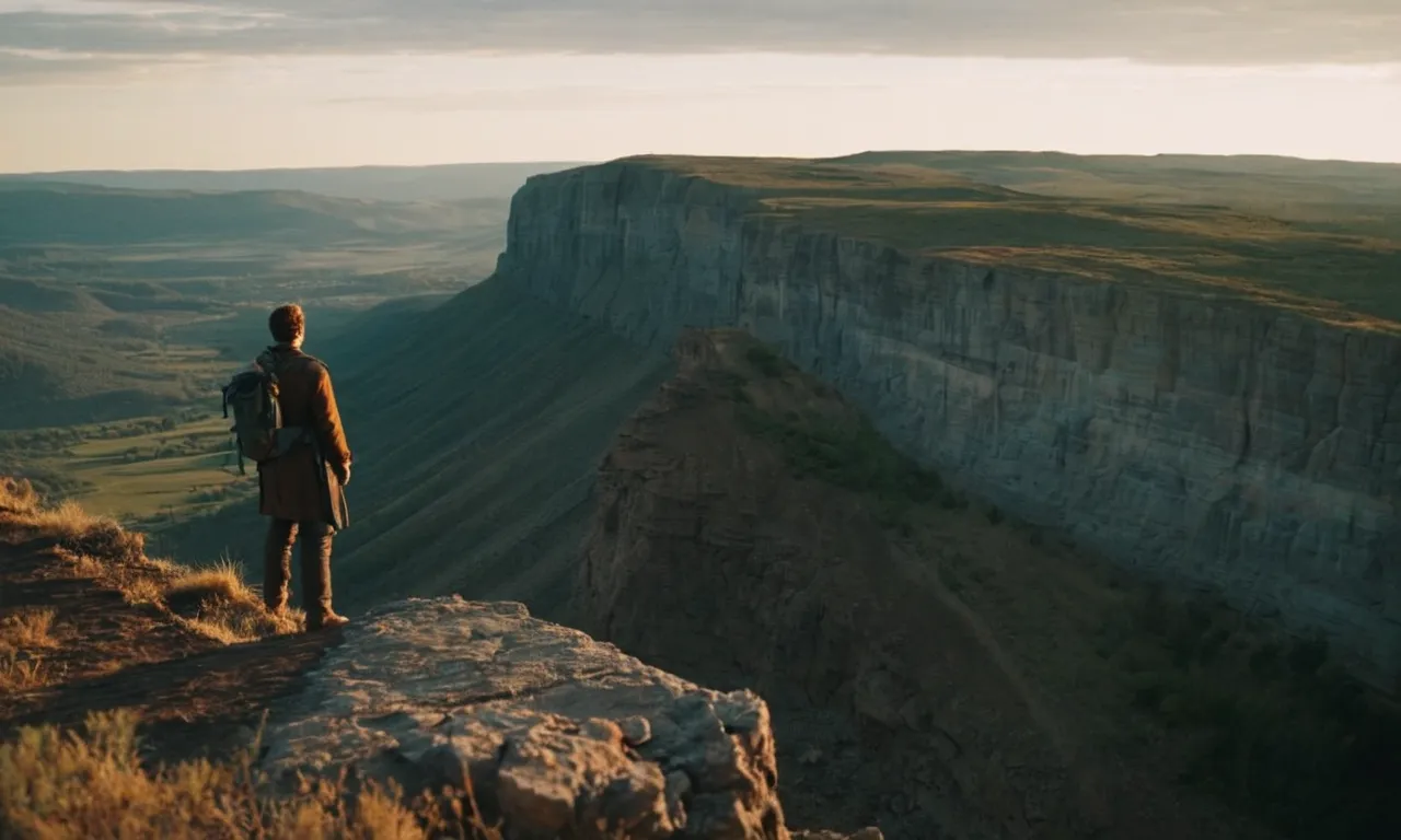 A photo capturing a person standing at the edge of a cliff, Bible in hand, symbolizing the courage to take risks in faith, guided by biblical teachings.