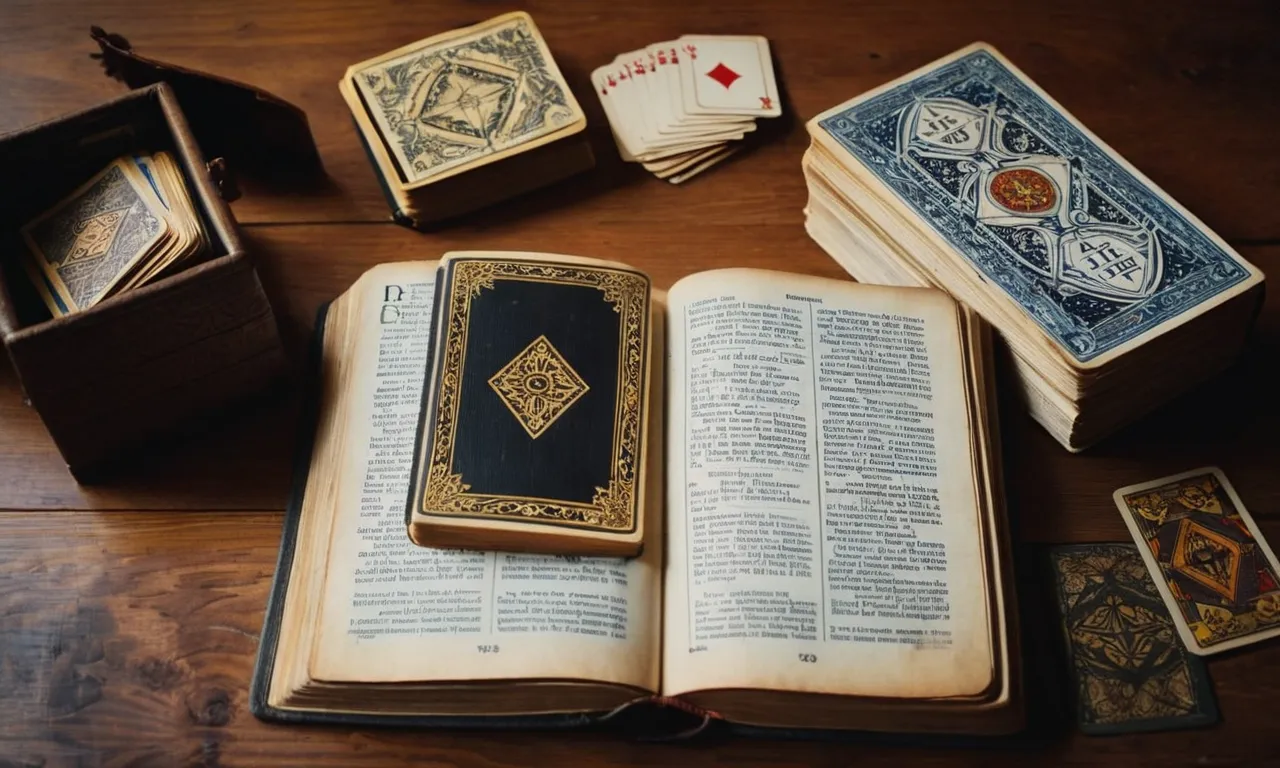 A photo capturing a worn-out Bible open to the book of Deuteronomy, surrounded by a deck of tarot cards, symbolizing the clash between divination practices and biblical teachings.