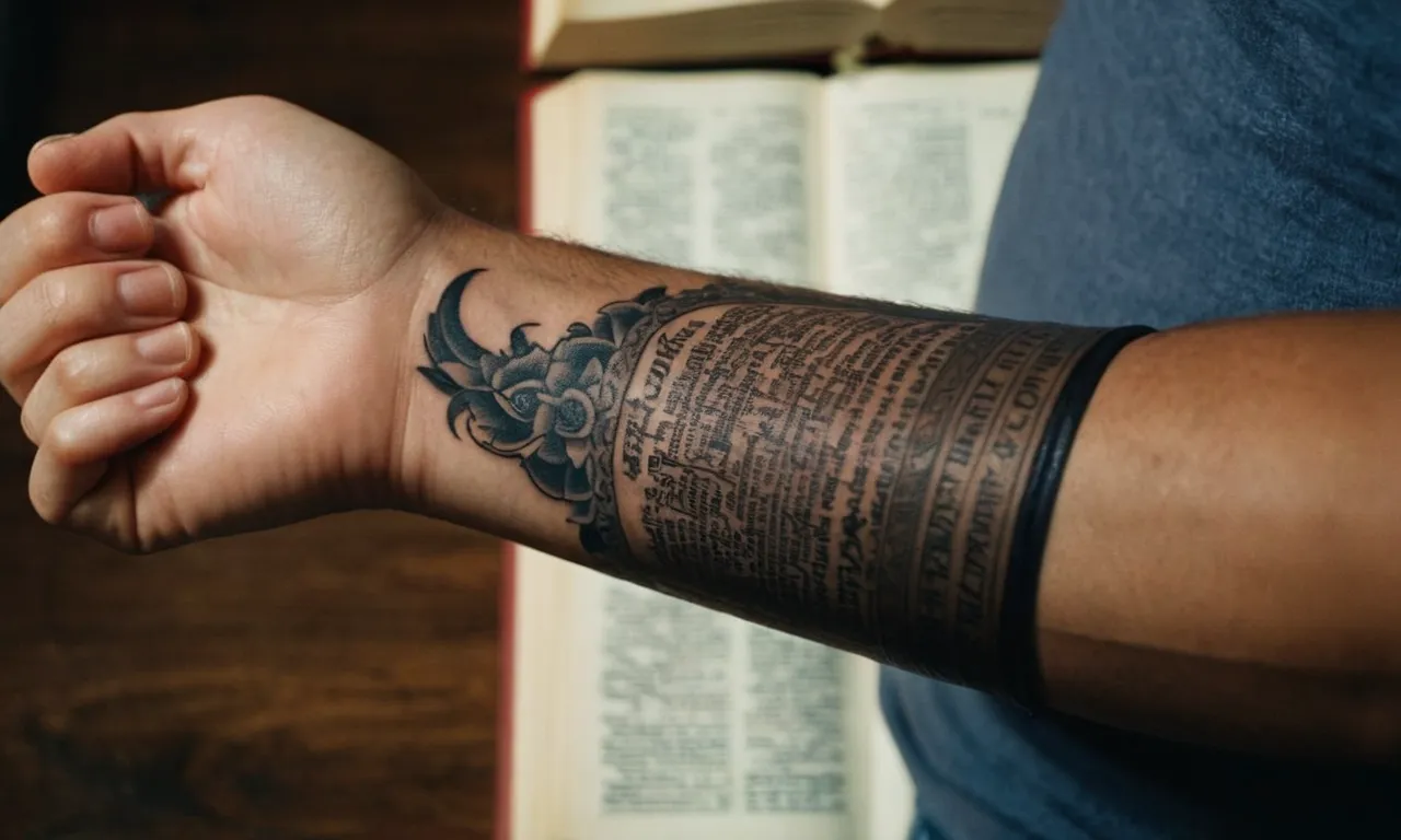 A close-up shot capturing a person's forearm with a prominent tattoo, juxtaposed with an open Bible displaying relevant New Testament verses, exploring the topic of tattoos and biblical teachings.