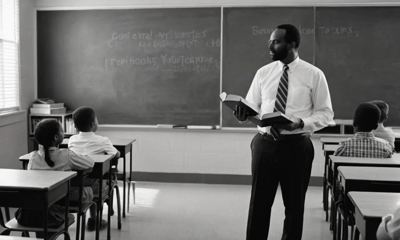 A black and white photograph capturing a teacher standing in front of a classroom, holding a Bible, conveying the idea of imparting wisdom and guiding students through biblical teachings.