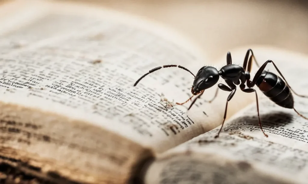 A captivating black and white image of an ant delicately traversing a weathered Bible page, symbolizing the profound wisdom and guidance found within the scriptures.