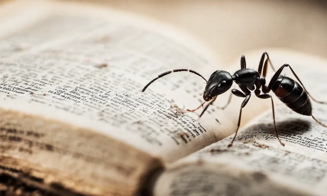 A captivating black and white image of an ant delicately traversing a weathered Bible page, symbolizing the profound wisdom and guidance found within the scriptures.