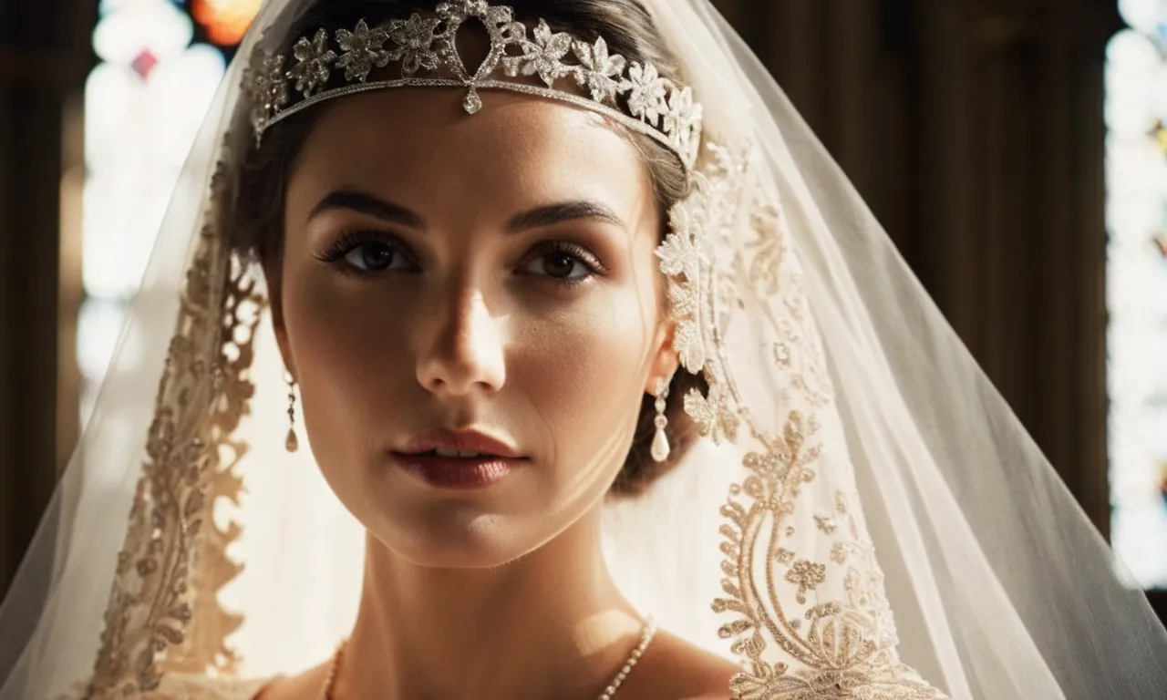 A captivating photo captures a woman standing in a sunlit cathedral, her face serene as she lifts a delicate lace veil, symbolizing the biblical revelation of truth and spiritual awakening.