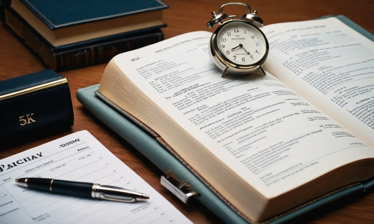 A photo of a Bible open on a table, surrounded by a clock, a planner, and a pen, symbolizing the importance of managing time wisely according to biblical teachings.
