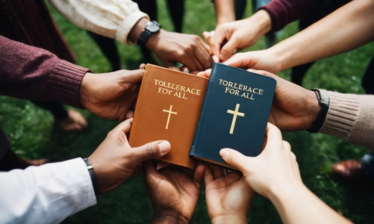 A photo capturing diverse hands holding a Bible, symbolizing unity and tolerance, reminding us that the Bible teaches love towards all, irrespective of differences.