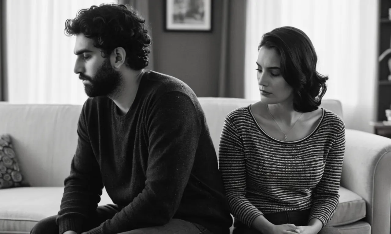 A black and white photo captures a couple sitting apart, their expressions filled with sadness and despair, symbolizing the pain and turmoil toxic marriages can bring, echoing the Bible's teachings on love and respect.