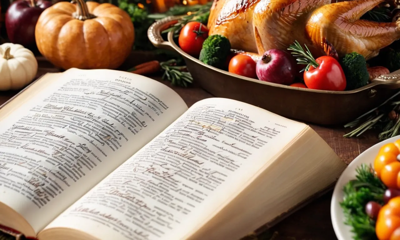 A close-up shot of a worn, opened Bible with highlighted verses about gratitude, feasting, and giving thanks, surrounded by beautifully arranged roasted turkey and seasonal vegetables.