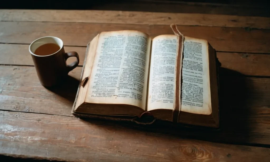 A photograph capturing a weathered Bible on a worn wooden table, softly illuminated by a single ray of light, symbolizing the reassurance and guidance it offers amidst life's uncertainties.