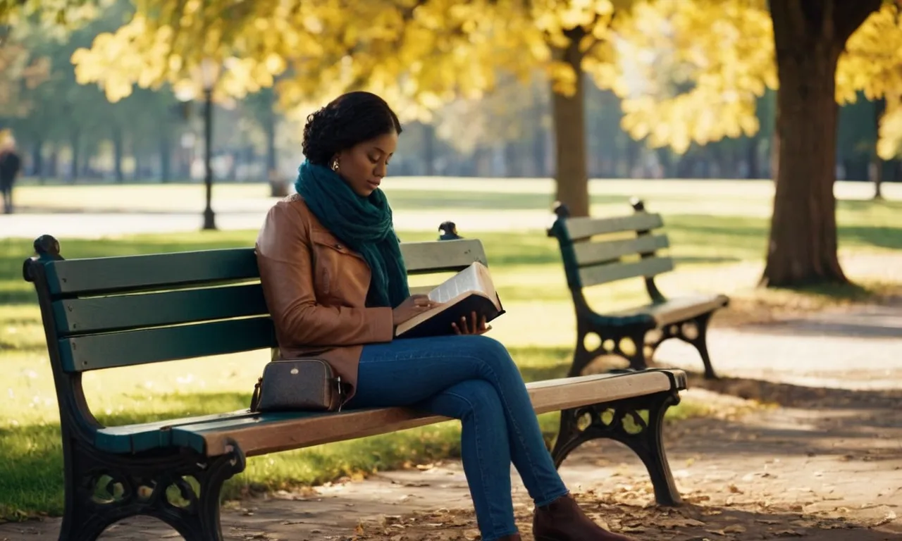 A photo of a person sitting alone on a park bench, holding a Bible with a pensive expression, capturing the emotion and contemplation often associated with seeking solace and guidance through venting.