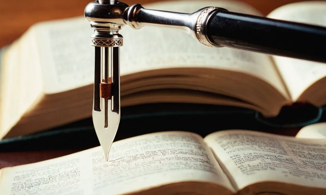 A close-up photo capturing a gently vibrating tuning fork resting on an open Bible, symbolizing the harmony between spiritual teachings and the vibrational energy that permeates the universe.