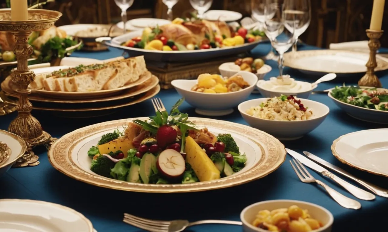 A close-up photo of a lavish banquet table, adorned with untouched, sumptuous dishes, symbolizing the biblical message of stewardship and the repercussions of wastefulness.