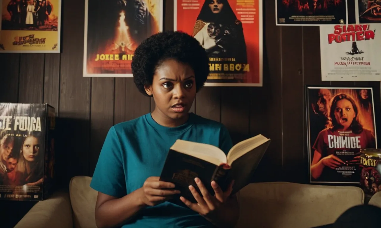 A photo capturing a person reading the Bible with a horrified expression while sitting in a dark room surrounded by horror movie posters.