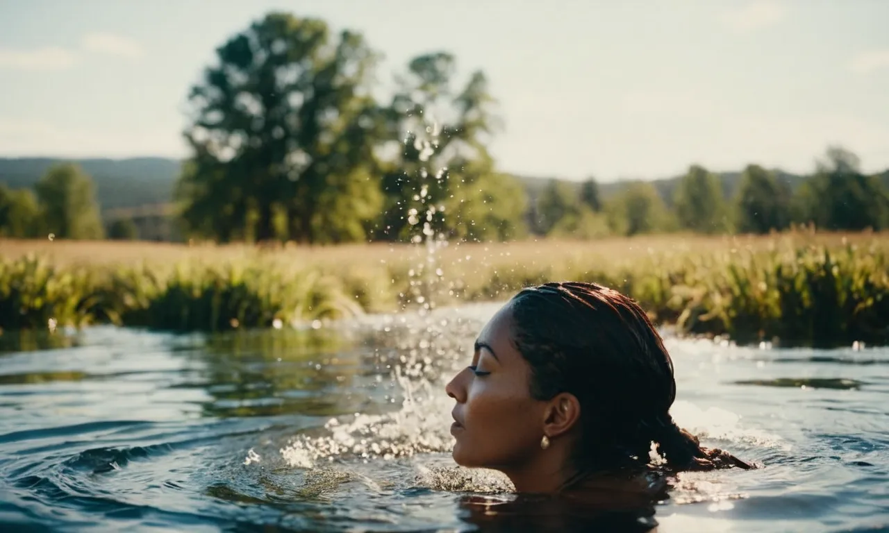 A photo capturing a serene moment of a person being immersed in water, symbolizing their commitment to their faith and the transformative power of water baptism as described in the Bible.