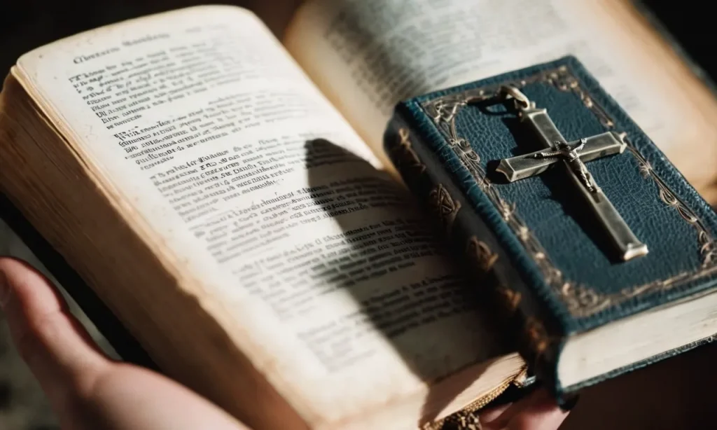 A close-up shot of a person's hand, holding a worn-out Bible with a silver cross pendant resting on top, symbolizing the question of what the Bible teaches about wearing a cross.