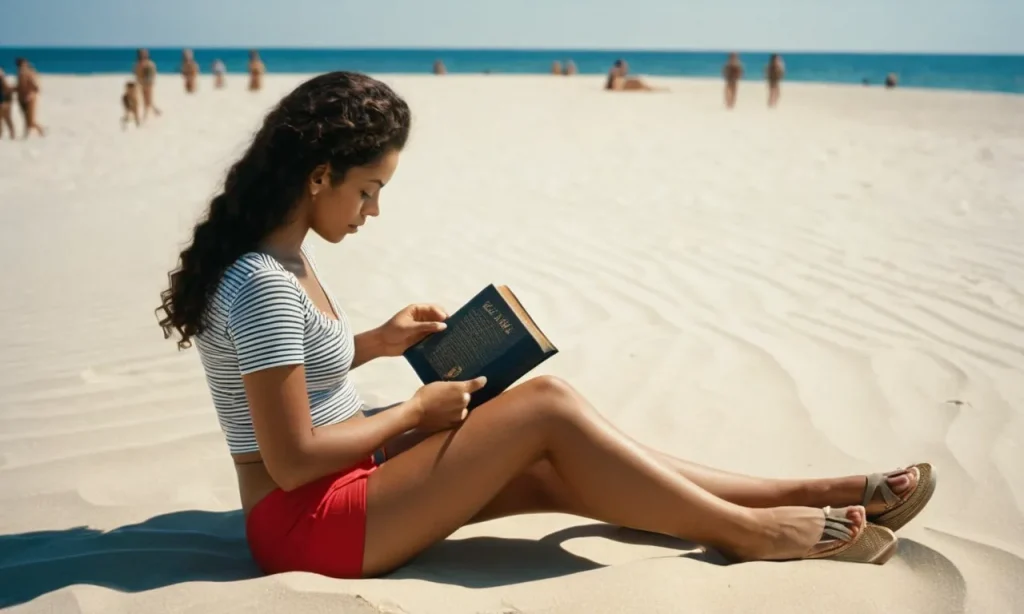 A photo capturing a serene beach scene, with a person sitting on the sand reading a Bible, wearing modest shorts, symbolizing the individual's respectful interpretation of biblical teachings on modesty.
