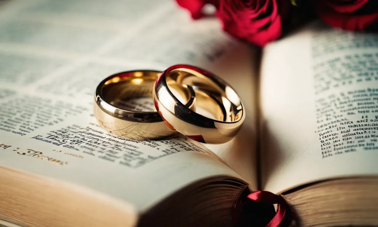 A close-up shot of intertwined wedding rings delicately placed on an open Bible, symbolically capturing the sacred union and the significance of commitment and love in marriage.