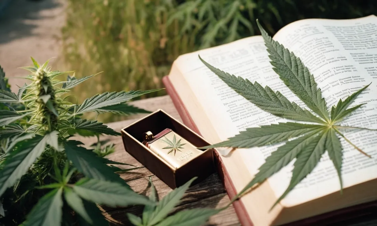 A photo capturing a serene garden bathed in soft sunlight, featuring a Bible open to pertinent verses, juxtaposed with a delicate cannabis leaf, symbolizing contemplation of the scripture's stance on marijuana.