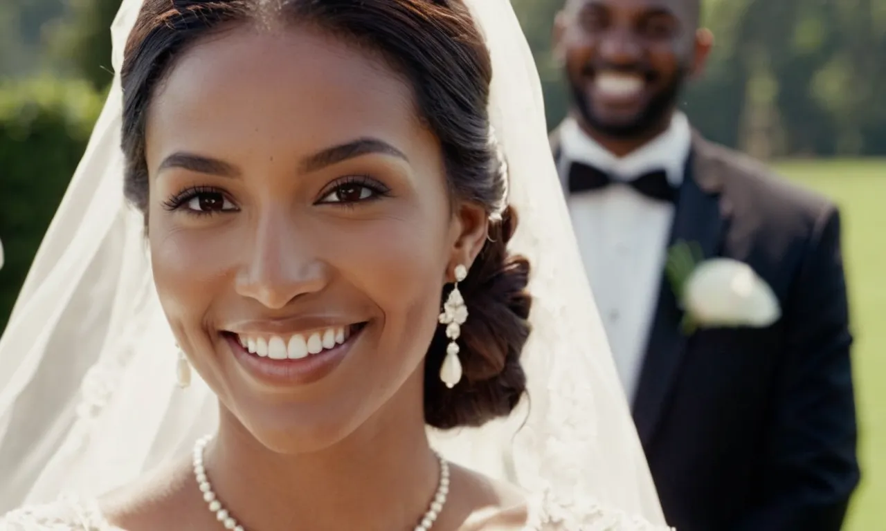 A close-up shot of a bride's radiant smile as she walks down the aisle in a pristine white wedding gown, evoking purity and the cultural significance of white dresses in Christian weddings.