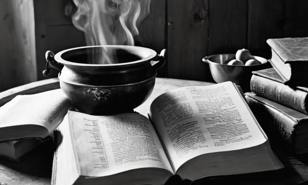 A black and white photo of an open Bible, with specific verses highlighted, alongside a vintage cauldron and spellbook, symbolizing the contrasting beliefs surrounding witchcraft in the KJV.