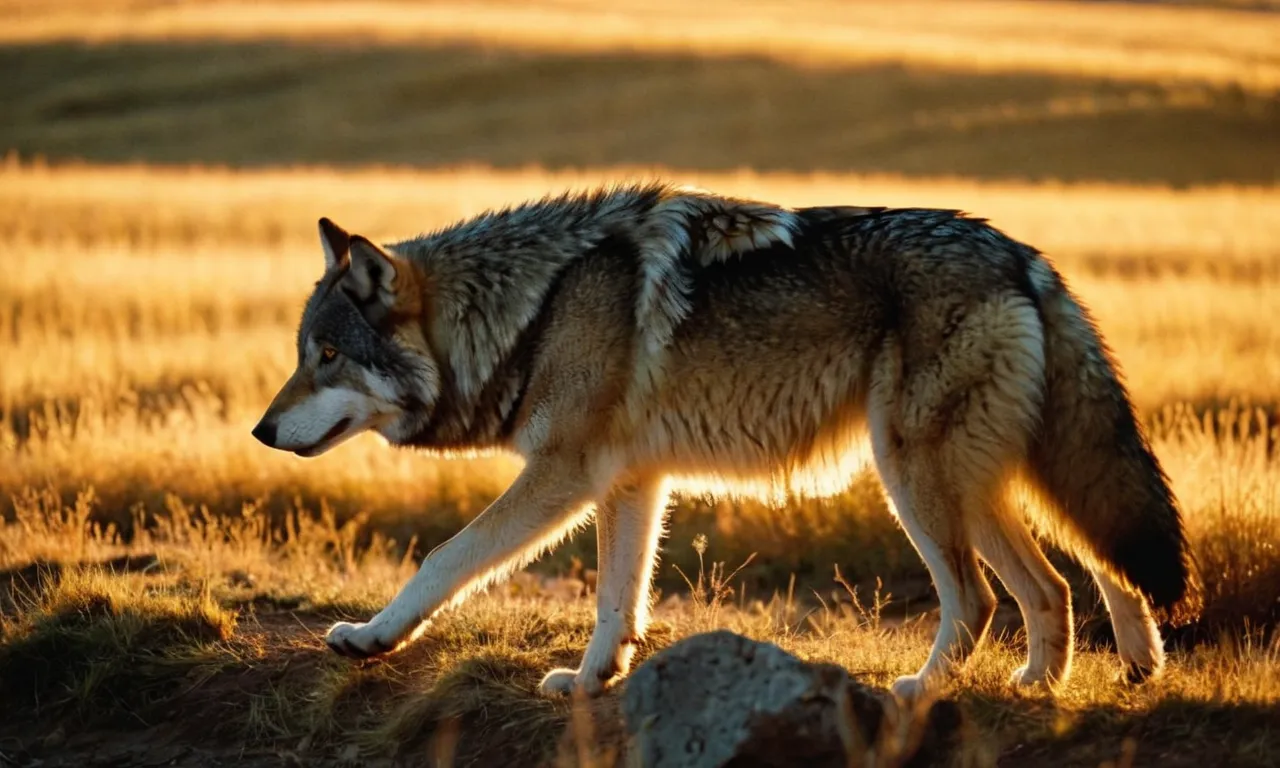 A captivating photo of a lone wolf, bathed in golden sunlight, symbolizing the primal instincts and spiritual teachings found in the Bible about wolves and their significance.