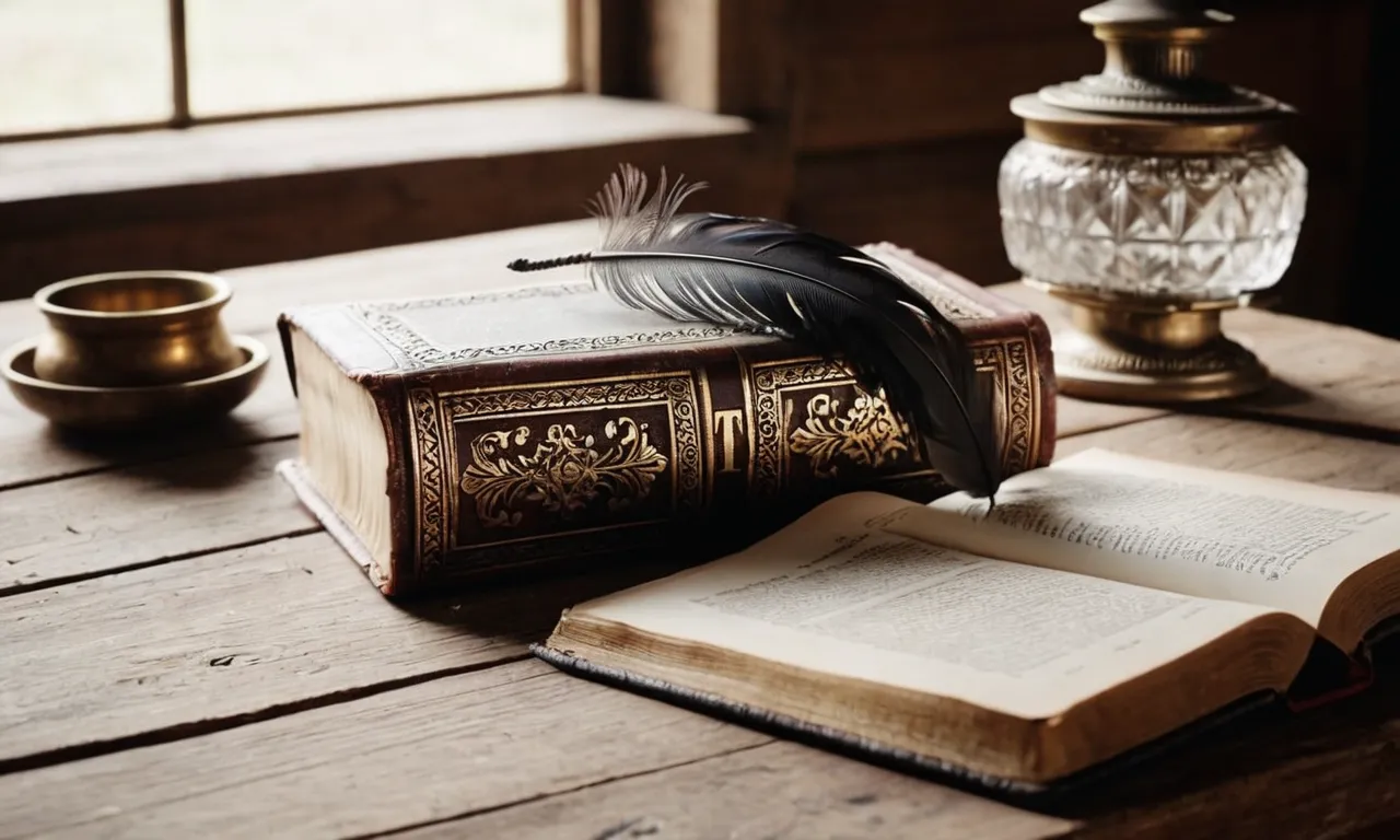 A close-up shot of an old, weathered Bible resting on a worn wooden desk, surrounded by a feather quill pen and inkwell, symbolizing the importance of documenting and preserving biblical teachings through writing.