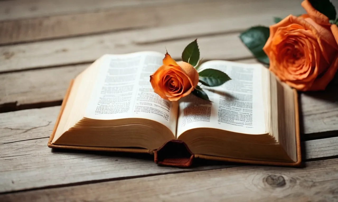 A photograph capturing a Bible opened to a page highlighting verses related to orange, with an orange rose placed delicately on top, symbolizing warmth, creativity, and spiritual transformation.