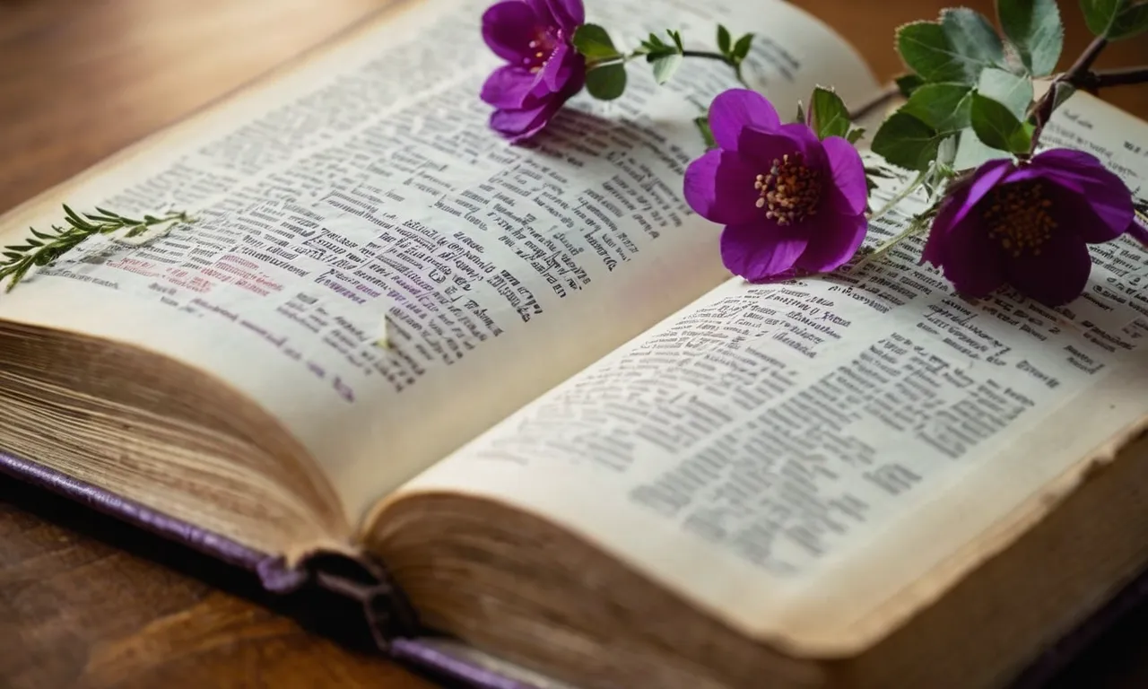 A close-up shot of a well-worn, open Bible showcasing the book of Psalms, with the color purple subtly highlighted through a delicate floral bookmark, symbolizing spiritual royalty and divine authority.