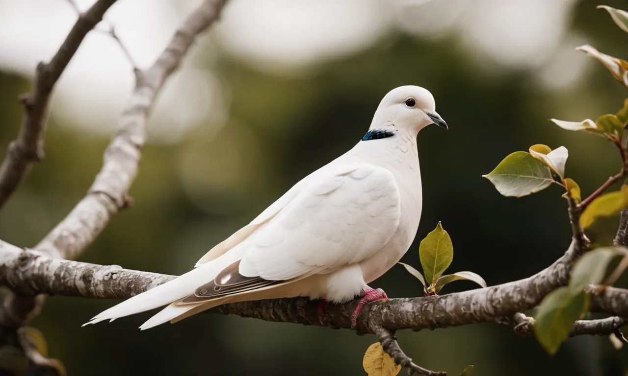 A photo showcasing a white dove perched on a branch, symbolizing purity and peace, resonating with the biblical significance of white as representing holiness and divine grace.