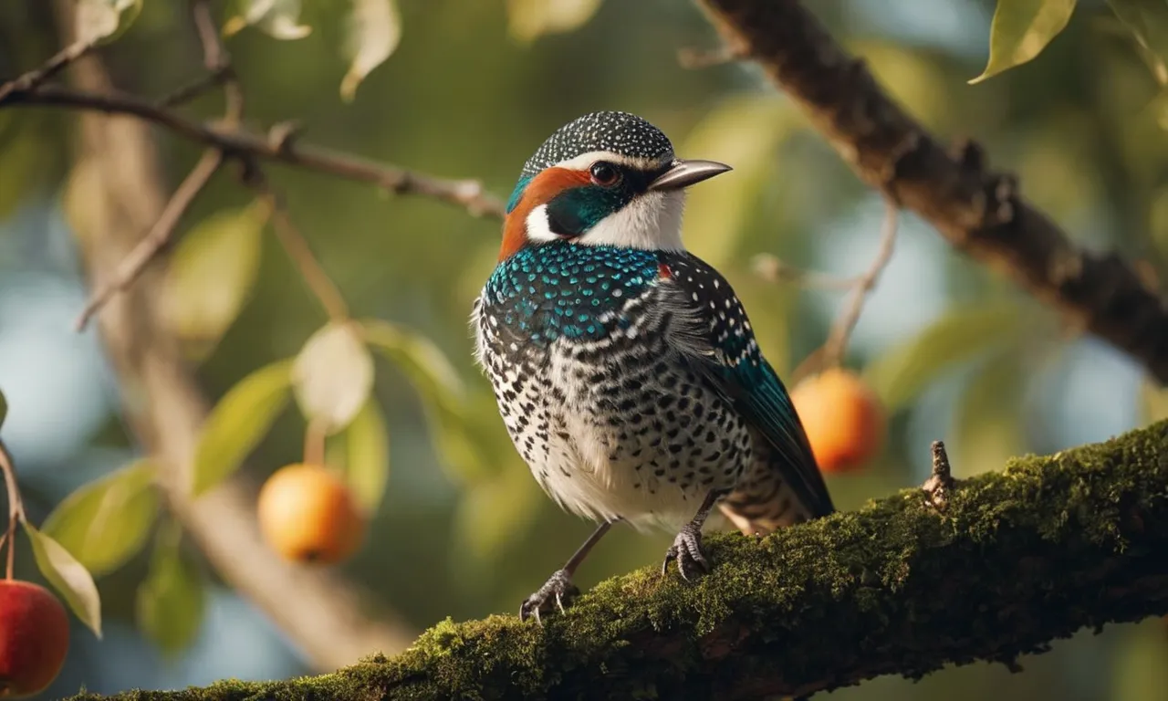 A captivating photograph featuring a close-up of a majestic bird perched on a tree branch, symbolizing the biblical concept of the Great Speckled Bird.