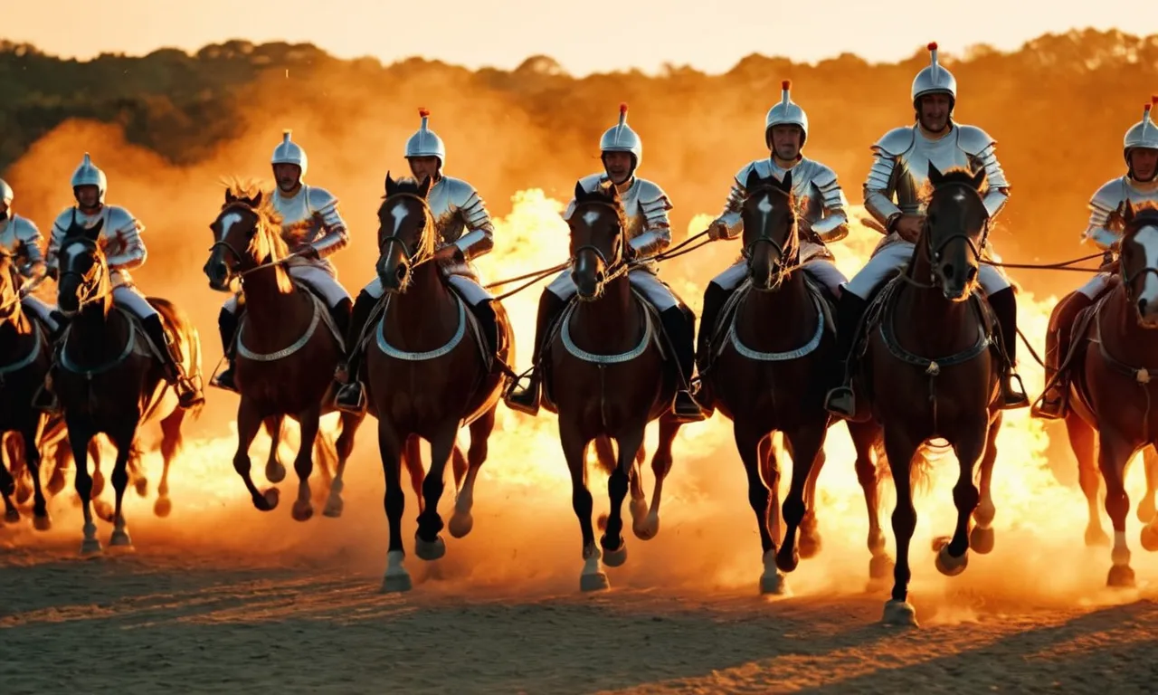 A captivating photo showcasing a stunning sunset backdrop, horses charging forward with chariots ablaze, symbolizing the divine power and protection mentioned in the Bible's reference to "horses and chariots of fire."