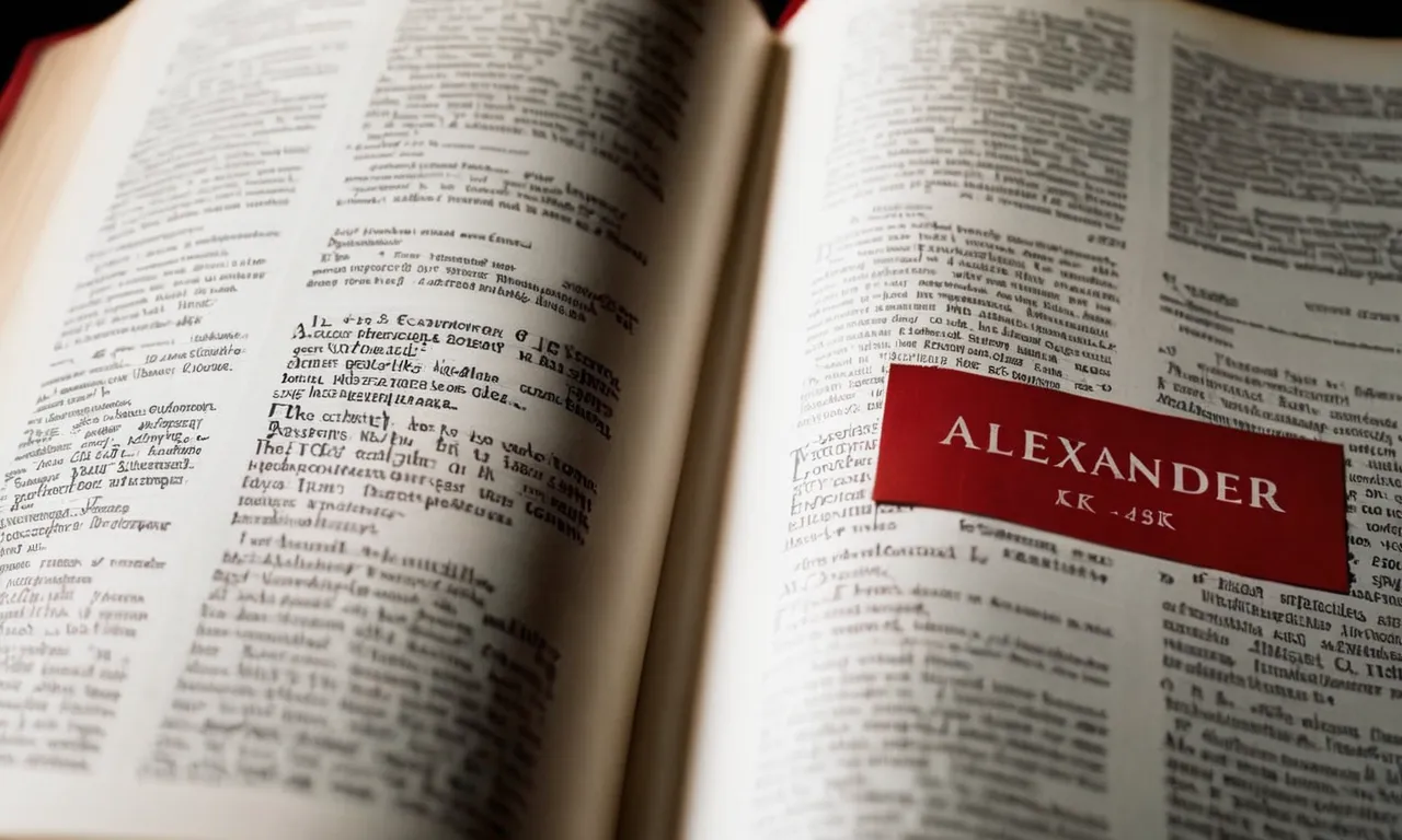A black and white photograph capturing the open pages of a Bible, with the name "Alexander" highlighted in vibrant red, symbolizing its significance and meaning within biblical texts.