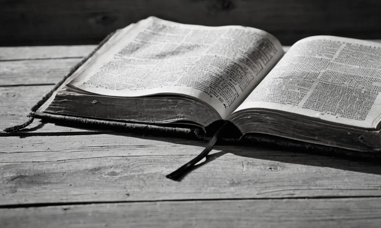 A captivating black-and-white photograph featuring a weathered, open Bible with pages marked by the number 17, symbolizing spiritual guidance and the search for enlightenment.