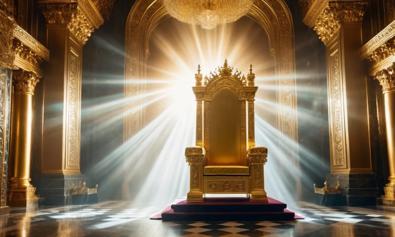 A breathtaking photo capturing a radiant beam of light illuminating a majestic golden throne, surrounded by ethereal clouds, evoking a sense of divine power and transcendence.