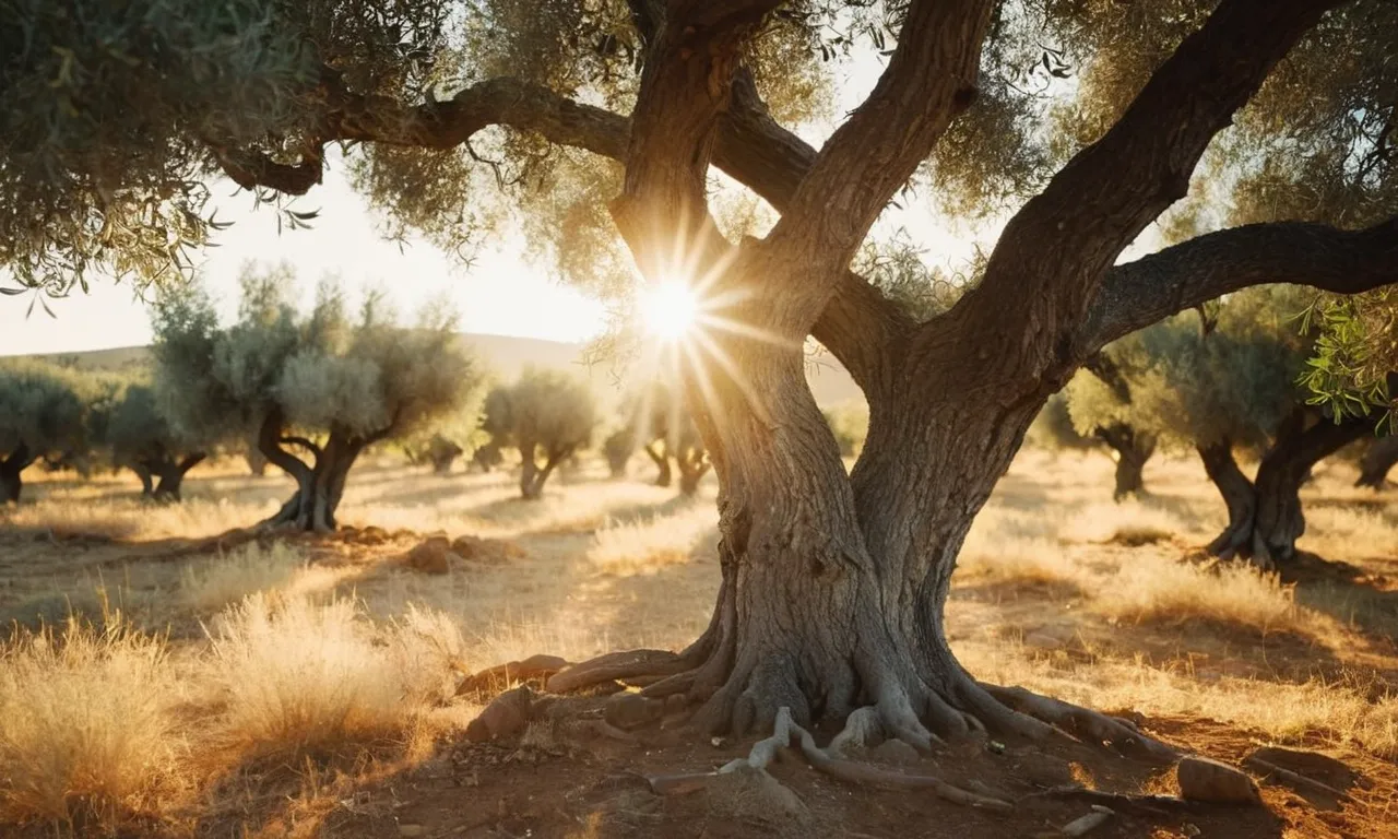 A close-up photograph of two intertwined olive trees bathed in golden sunlight, symbolizing the biblical significance of the two olive trees as representing the anointed ones or witnesses of God's power and presence.