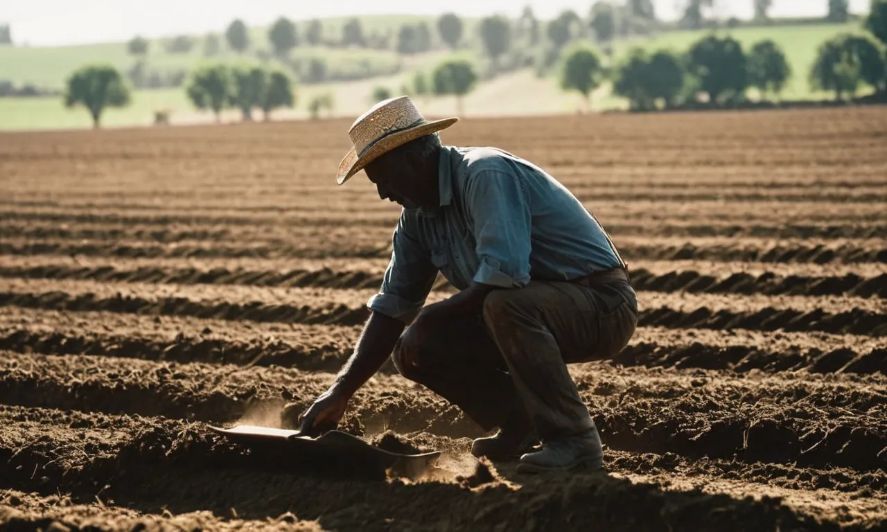 A silhouette of a weary farmer, bent over his plowed field under the scorching sun, encapsulating the biblical concept of toil and the laborious nature of work.