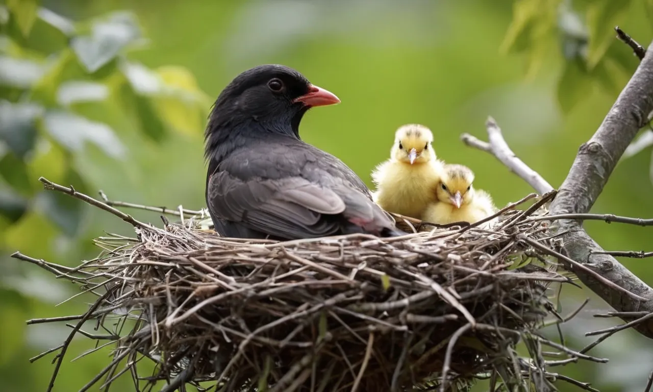A photograph capturing a mother bird gently nudging her chicks out of the nest, symbolizing the process of being weaned and gaining independence, as mentioned in the Bible.