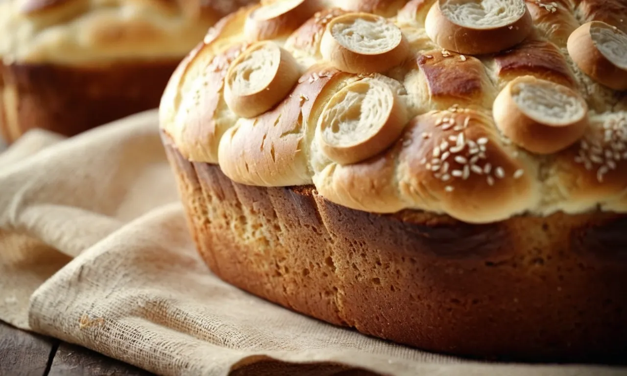 A close-up shot of freshly baked bread, golden brown and rising, symbolizing the transformative power of yeast mentioned in the Bible, representing growth, change, and spiritual development.