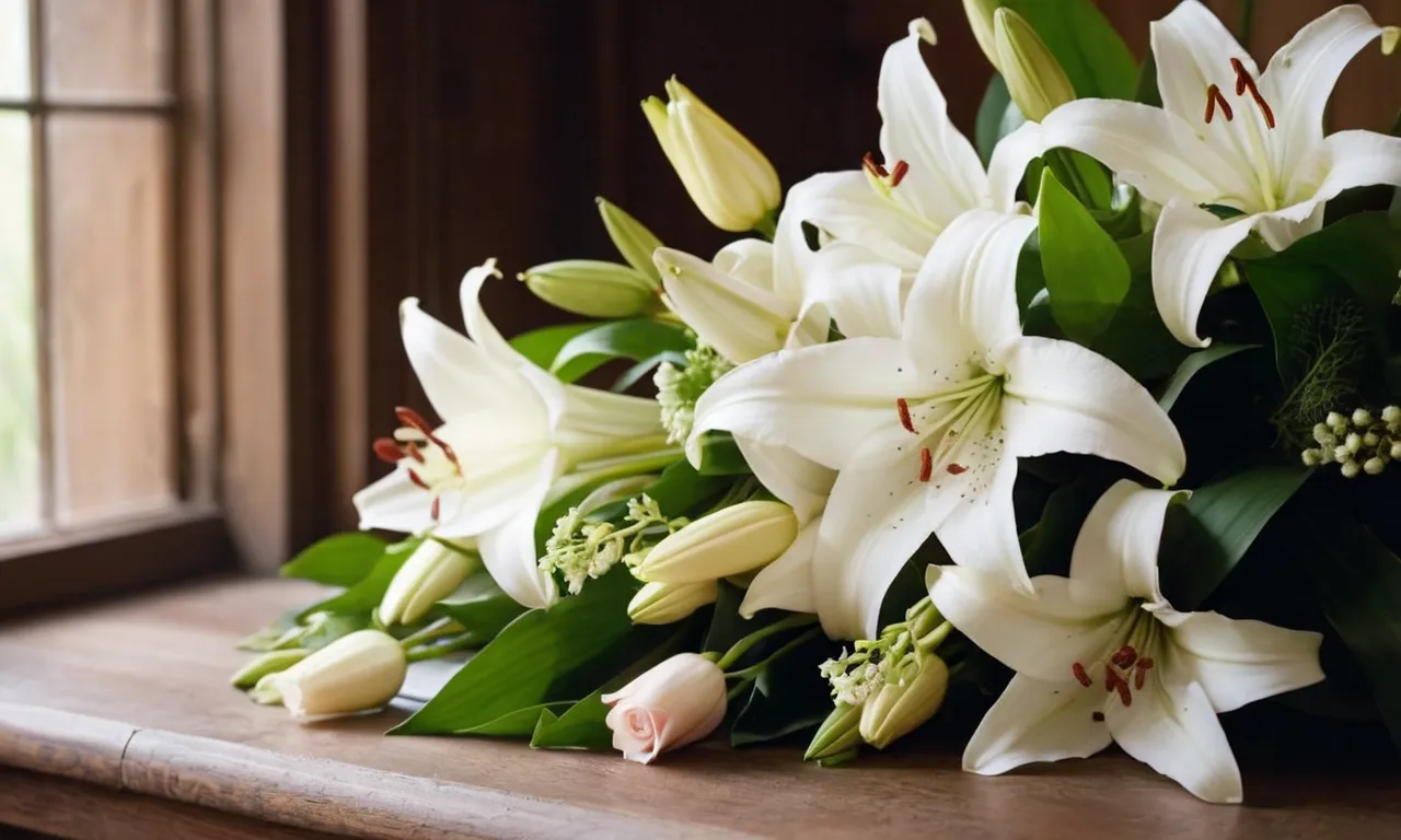 A close-up shot capturing a delicate bouquet of lilies, roses, and lilies of the valley, symbolizing purity and love, reminiscent of biblical references to flowers in a timeless and serene setting.