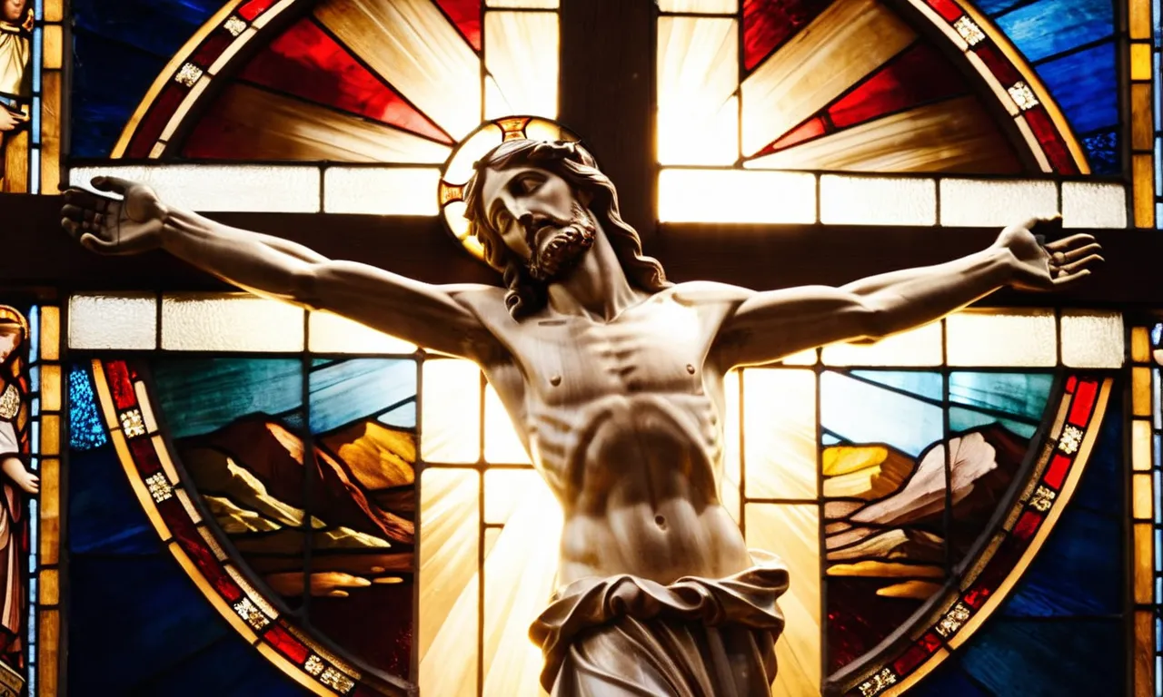 A close-up photograph capturing sunlight streaming through a stained glass window, illuminating the outstretched arms of a crucifix, symbolizing the gift of grace bestowed upon humanity through Jesus, our Redeemer.