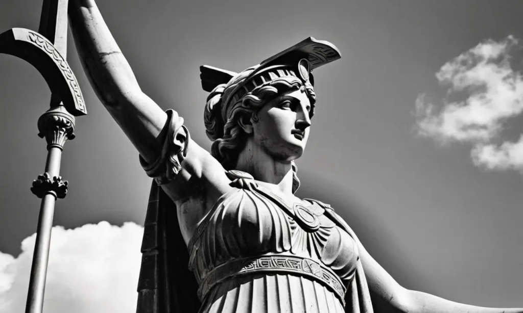A black and white image capturing a majestic statue of Athena, the Greek goddess of wisdom and warfare, standing tall in the heart of ancient Sparta, symbolizing the deity worshipped by the Spartan people.